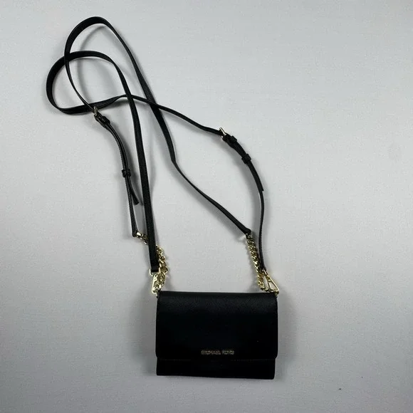 Michael Kors Jet Set Saffiano Leather Smartphone Crossbody Black Gold Timeless - Picture 5 of 10